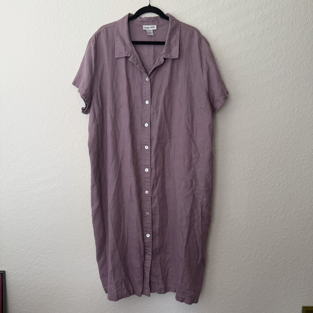 Chelsea Studio 100% Linen Dress Plus Size 3X WP PETITE? Purple Button Down READ